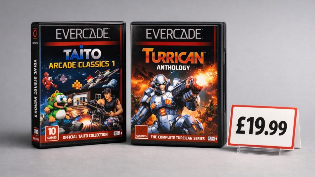 Promotional artwork showing the evercade taito arcade 3 turrican collection cartridges alongside their UK pricing.