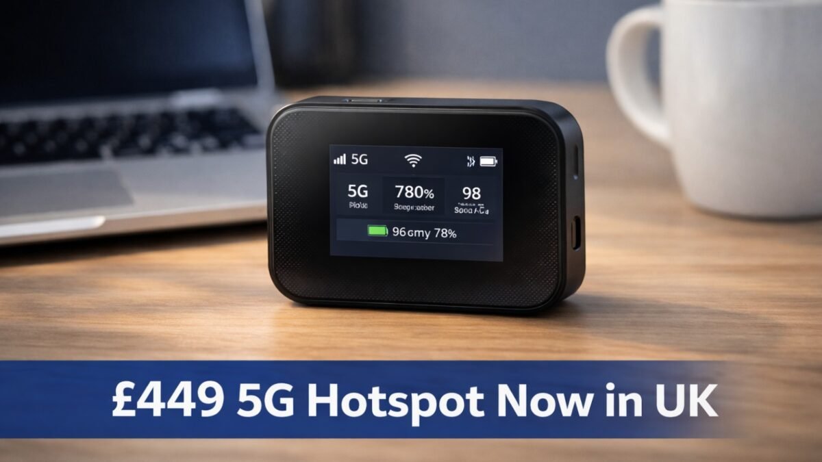A promotional image of the Netgear Nighthawk M3 5G mobile hotspot highlighting current UK retail availability.