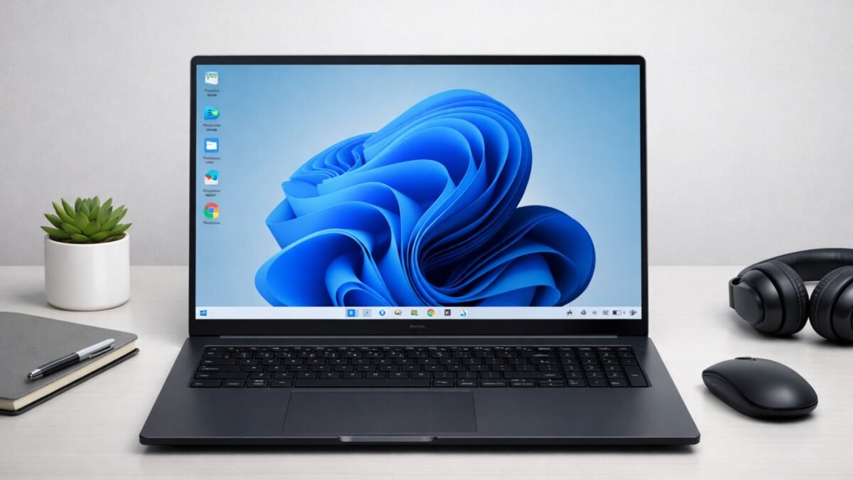 Samsung Galaxy Book6 Ultra laptop on a desk in the UK with its AMOLED display switched on.