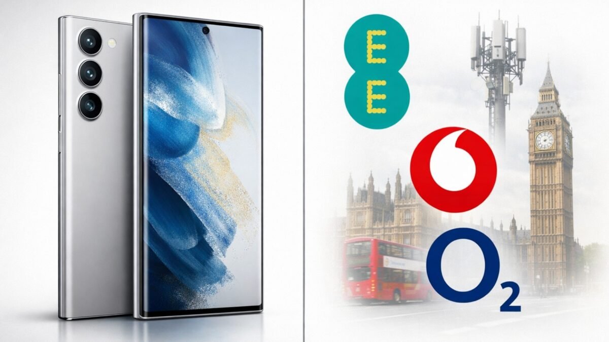 A promotional graphic comparing Samsung Galaxy S26 carrier deals from EE, Vodafone and O2 in the UK.