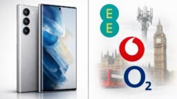 A promotional graphic comparing Samsung Galaxy S26 carrier deals from EE, Vodafone and O2 in the UK.