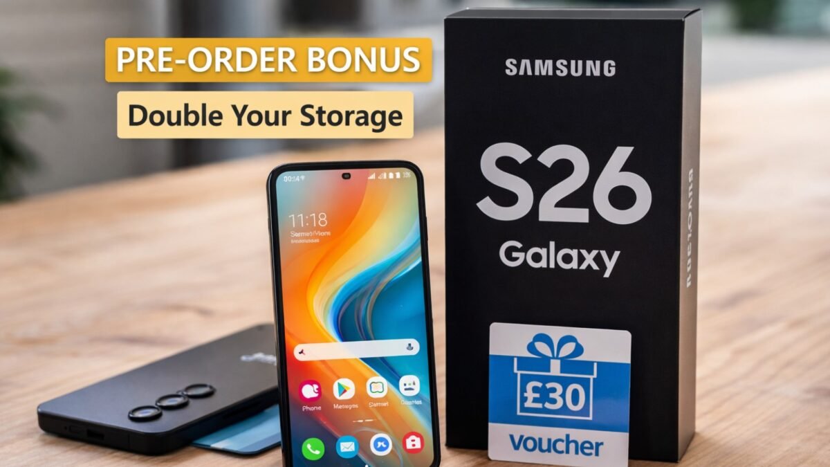 A promotional graphic for the Samsung Galaxy S26 pre-order in the UK showing a £30 voucher and double storage upgrade.