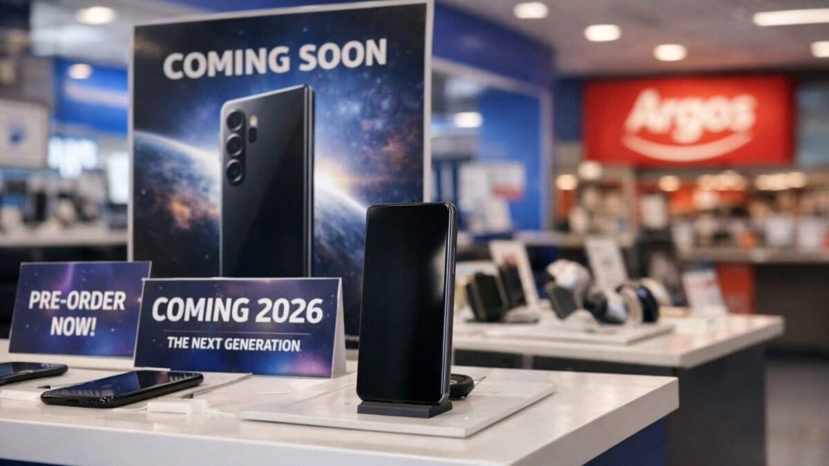 A retail display showing samsung galaxy s26 uk stock preparations at a local Currys store.