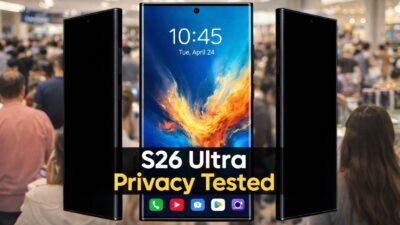 The Samsung Galaxy S26 Ultra demonstrating its privacy display feature on a London commuter train.