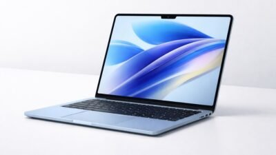 Apple MacBook Air M5 UK price — laptop open on clean desk, sky blue, 2026