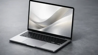 Apple MacBook Pro M5 laptop open on slate grey surface from £1,699 UK