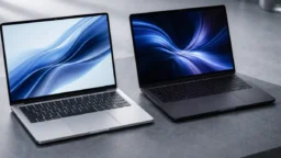 MacBook Pro M5 and MacBook Air M5 side by side on slate grey UK