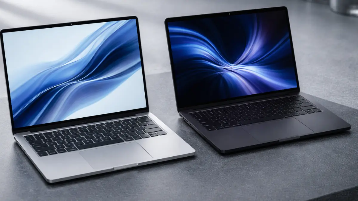 MacBook Pro M5 and MacBook Air M5 side by side on slate grey UK