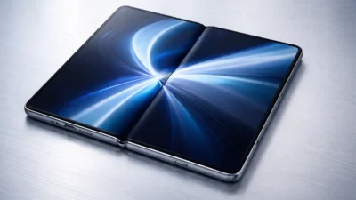 Motorola Razr Fold book-style foldable smartphone open on light grey surface