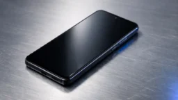 Samsung Galaxy A57 style smartphone on aluminium desk product photo