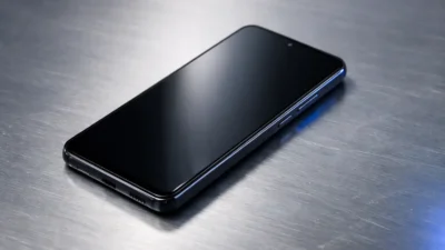 Samsung Galaxy A57 style smartphone on aluminium desk product photo