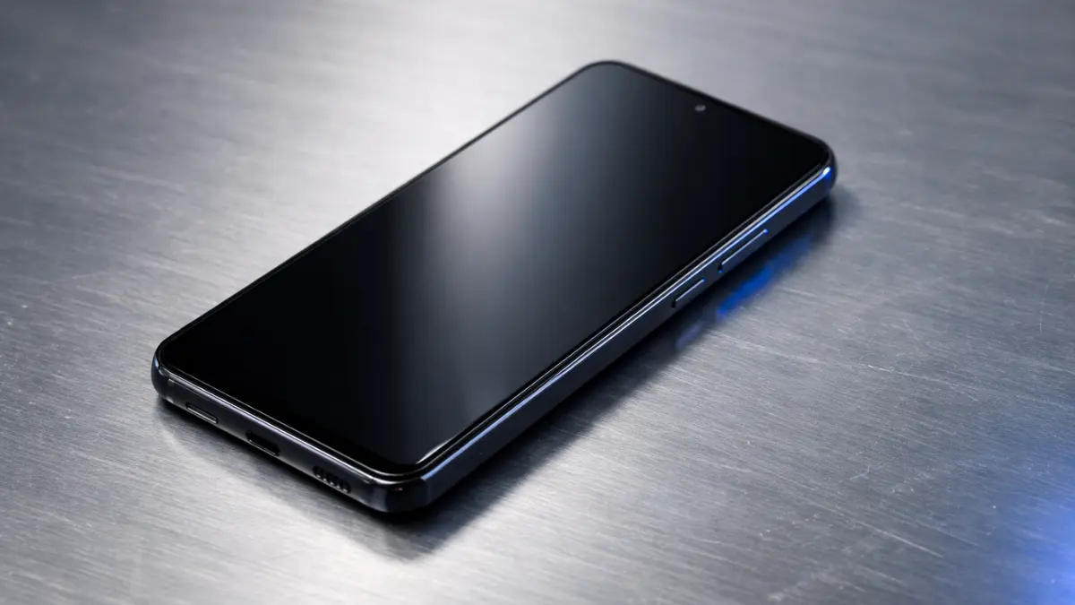 Samsung Galaxy A57 style smartphone on aluminium desk product photo